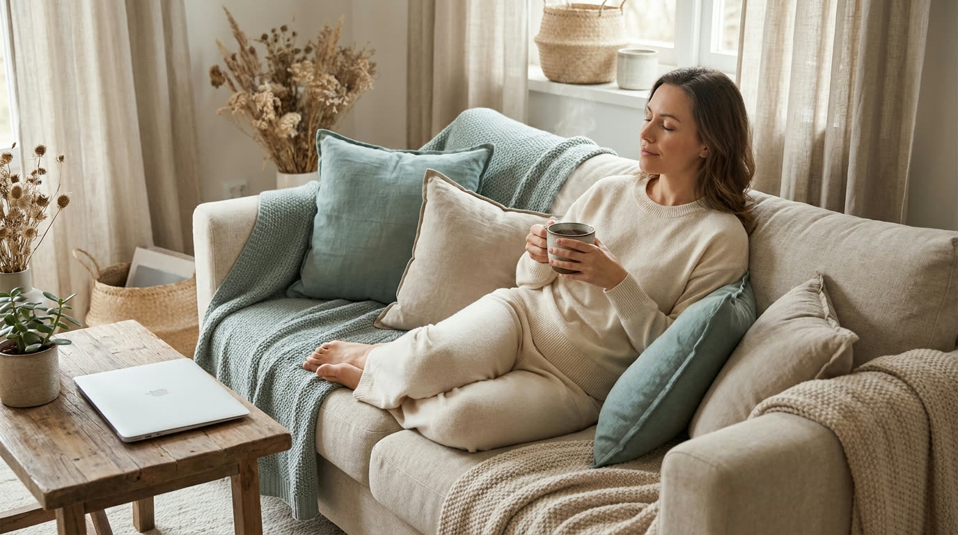 A relaxed woman resting at home with a cup of tea after her massage
